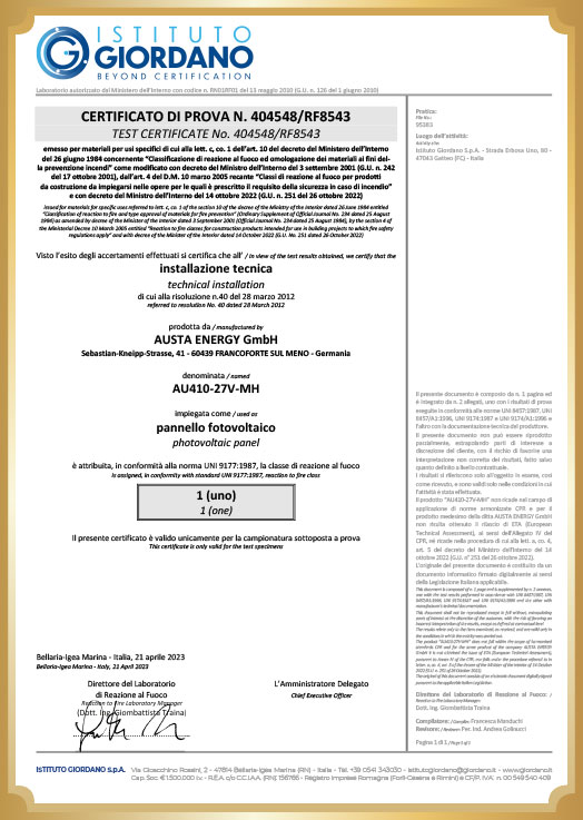 Certificado de resistência ao fogo na Itália-Austa_Perc-Mono